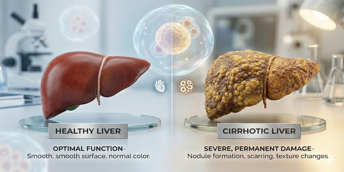 Illustration showing healthy liver versus cirrhotic liver with fibrosis staging