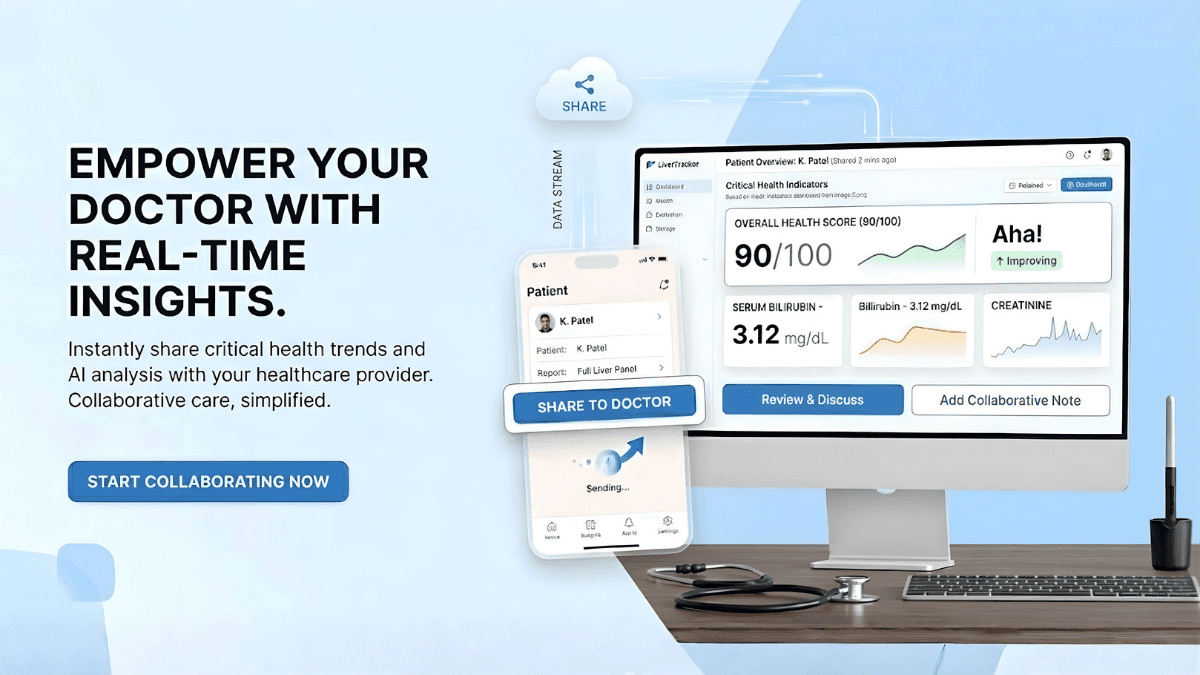 LiverTracker doctor sharing view showing patient lab trends and MELD scores