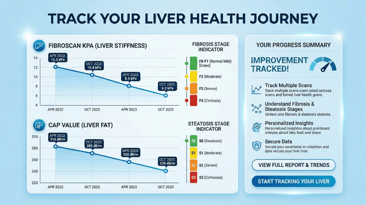 LiverTracker FibroScan tracking showing kPa and CAP trends over multiple scans