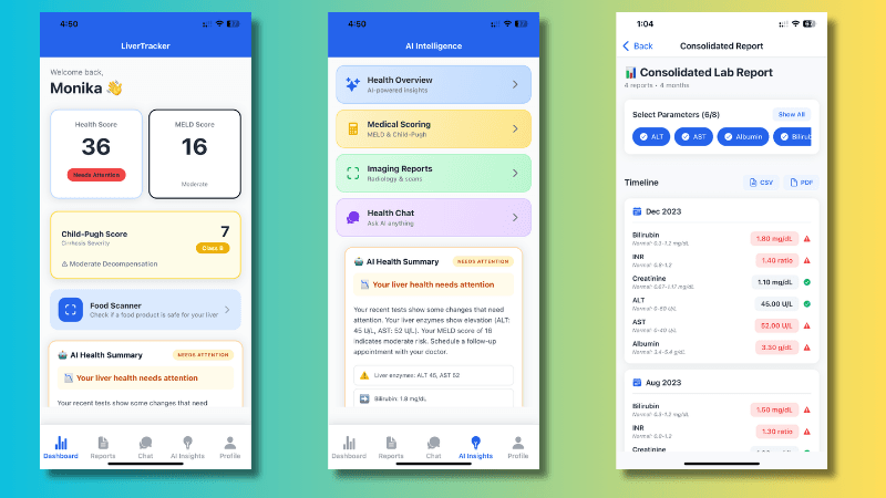 LiverTracker iOS app showing dashboard with health metrics, report upload, and AI chat features