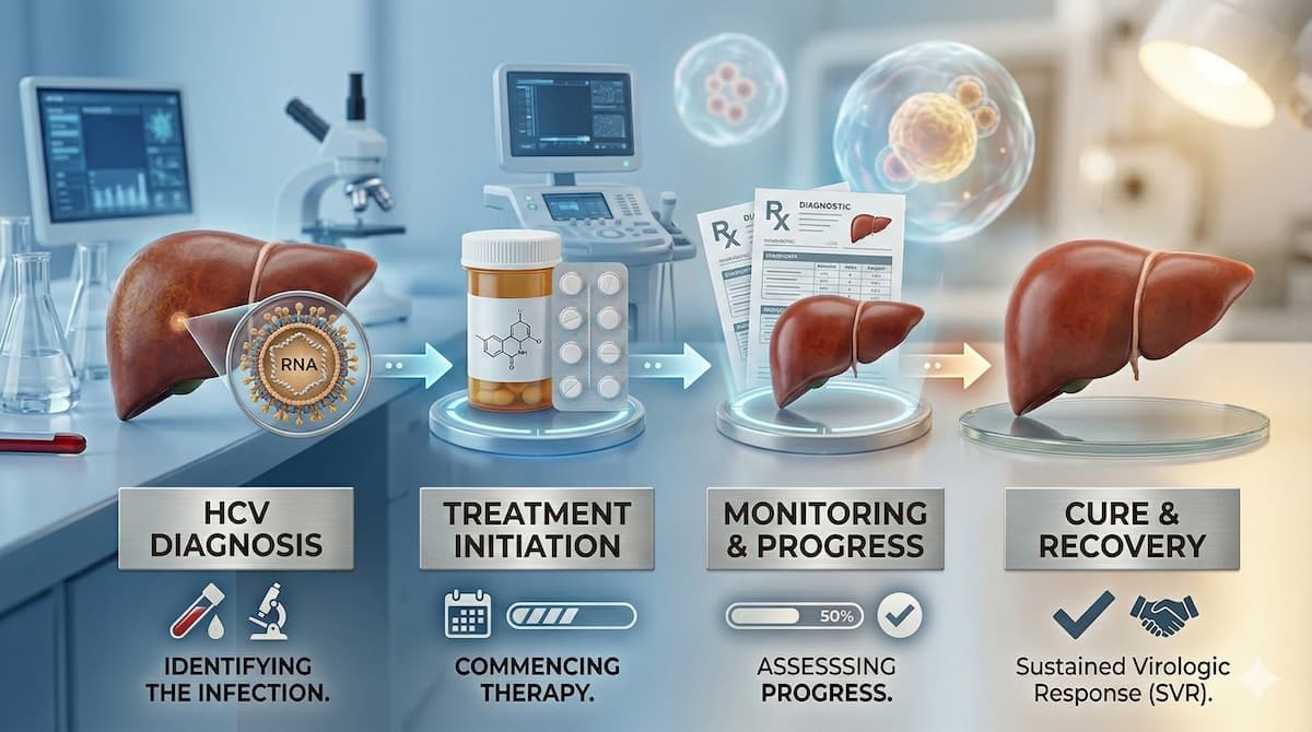 Illustration of hepatitis C virus and liver inflammation with treatment timeline