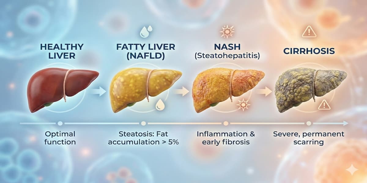 Illustration of fatty liver disease stages from healthy liver to NAFLD to NASH