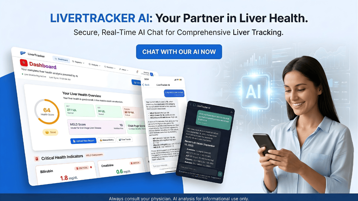 LiverTracker AI Chat interface showing a conversation about liver enzyme levels