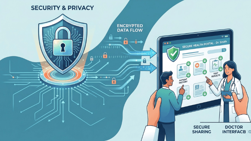 LiverTracker security features showing encrypted storage, user isolation, and secure doctor sharing controls